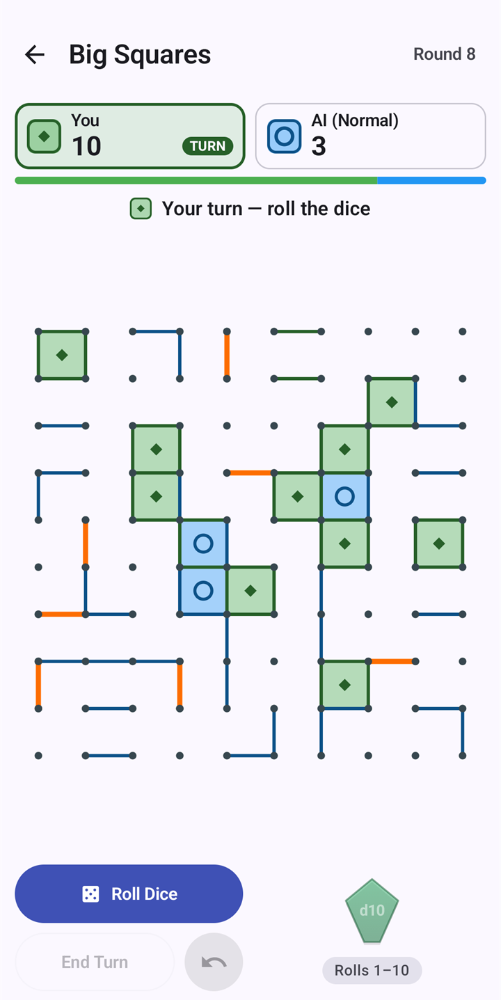 A Big Squares game on a 10 by 10 board with a ten-sided die.