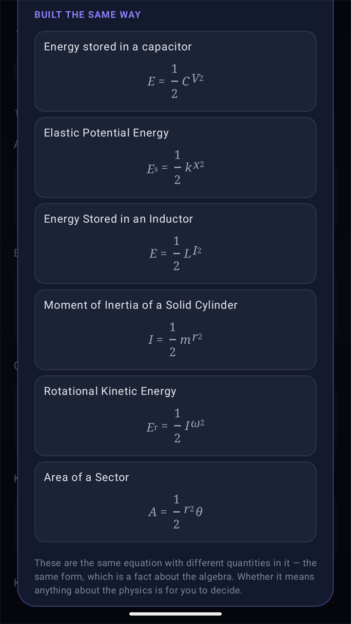 A law card's section Built the same way: the energy stored in a capacitor, elastic potential energy, the energy stored in an inductor, the moment of inertia of a solid cylinder, rotational kinetic energy and the area of a sector, each one half of something times a square.