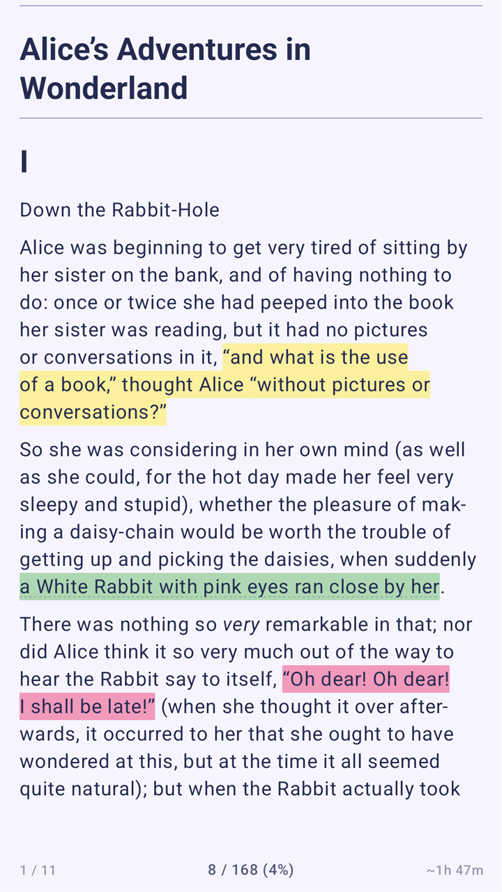 The first page of Alice's Adventures in Wonderland as an e-book, with three passages highlighted in yellow, green and pink. Page 8 of 168, about 1 hour 47 minutes left.