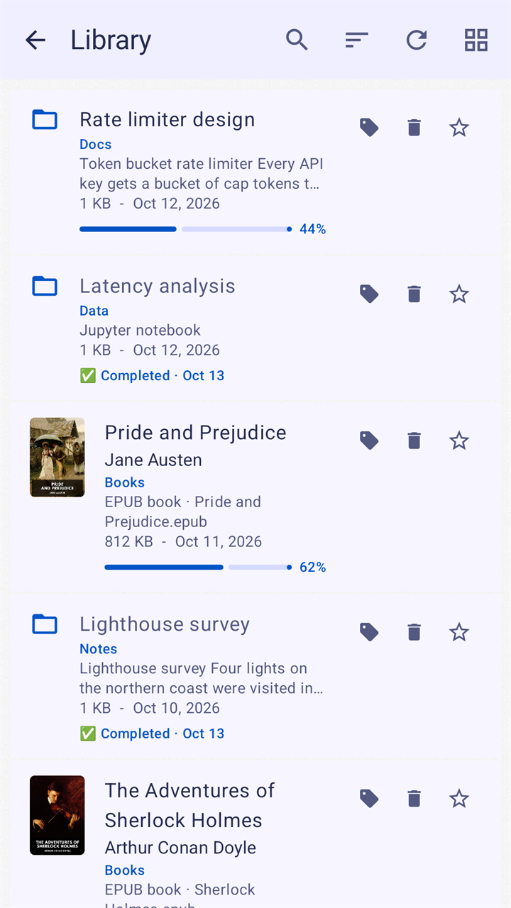 The Library as a list: a Markdown document read to 44 percent, a completed Jupyter notebook, the book Pride and Prejudice with its cover at 62 percent, a completed note and The Adventures of Sherlock Holmes, each with buttons for tags, delete and favourite.