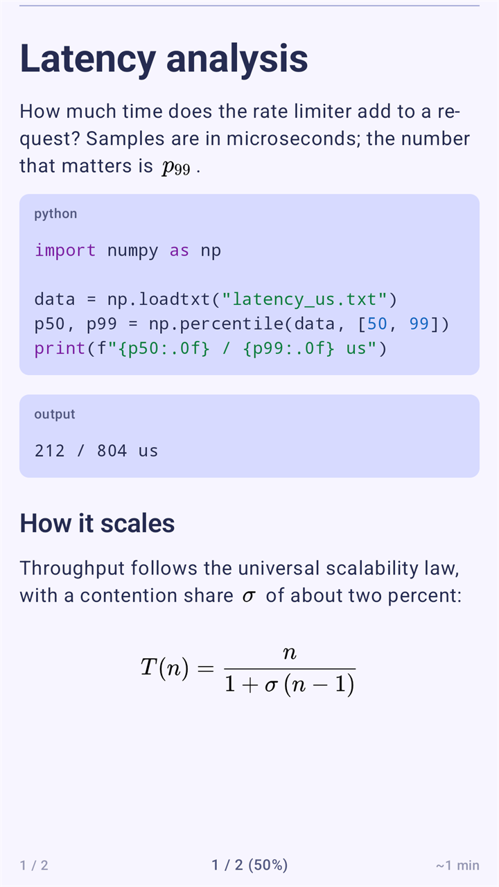 A Jupyter notebook called Latency analysis as a page: a text cell, a Python code cell coloured by language, its saved output, and a formula under the heading How it scales.