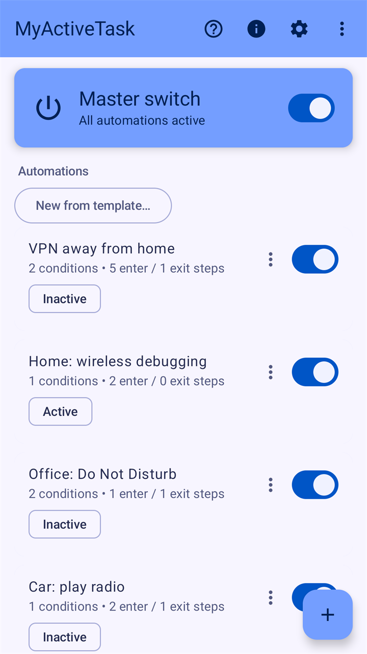 The main screen: the master switch with all automations active, the button New from template, and the automations VPN away from home, Home: wireless debugging, Office: Do Not Disturb and Car: play radio, each with its conditions and steps counted, a switch and its state.