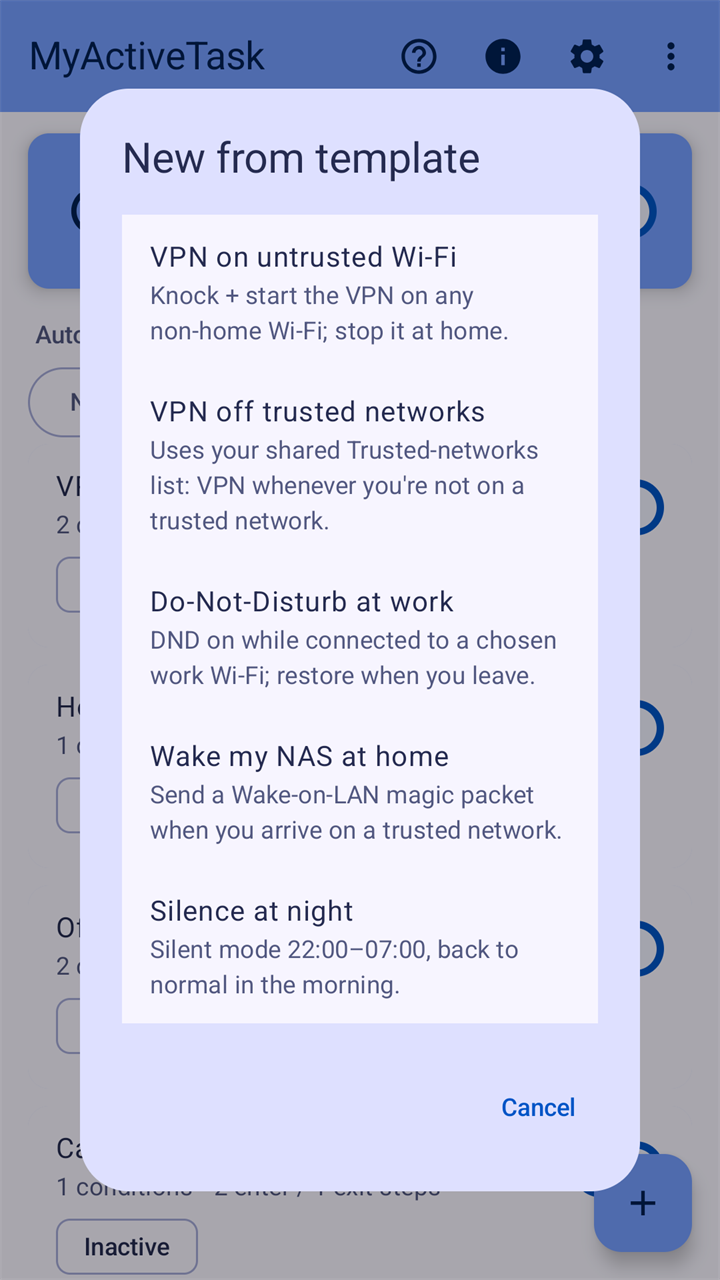 The New from template dialog: VPN on untrusted Wi-Fi, VPN off trusted networks, Do-Not-Disturb at work, Wake my NAS at home and Silence at night, each with a one-line description.