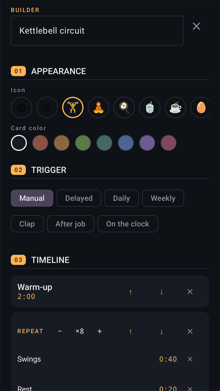 The builder for a job: a row of icons and card colours, seven triggers from Manual to On the clock, and a timeline with a warm-up phase and a block of Swings and Rest repeated eight times.