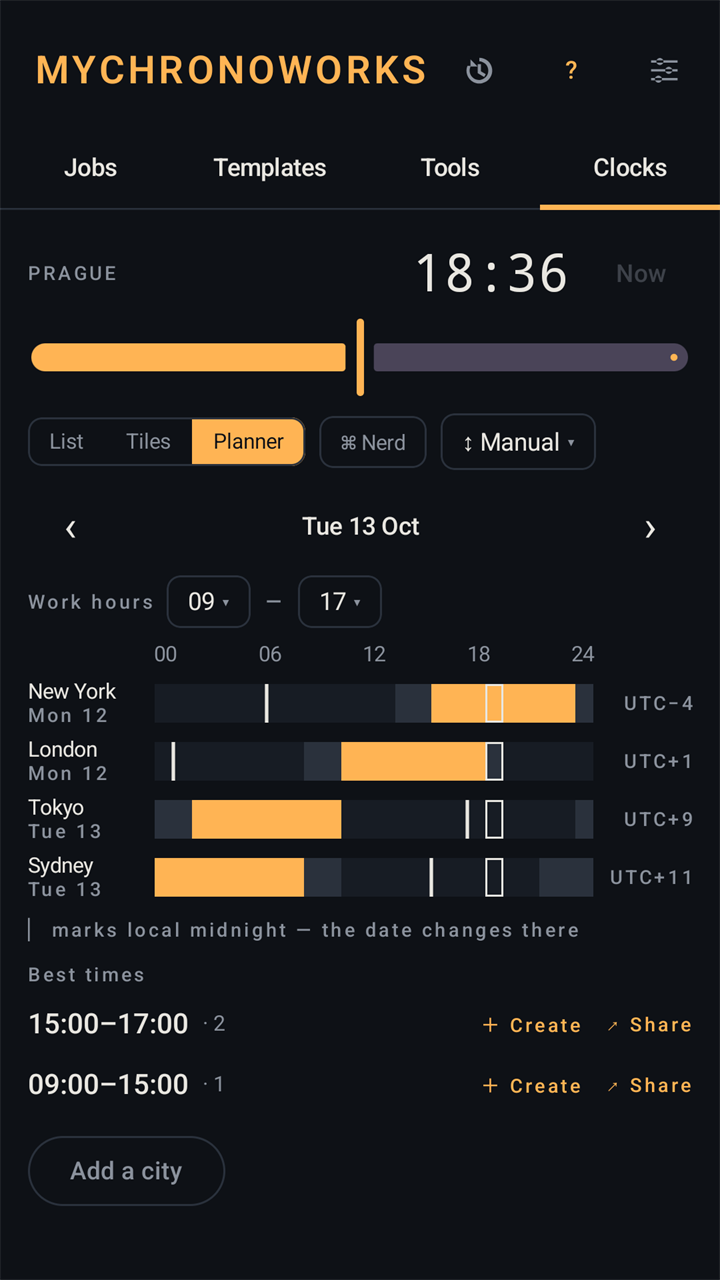 The Clocks tab in its Planner view: working hours for New York, London, Tokyo and Sydney as bars over one day, and the best times to meet listed below.