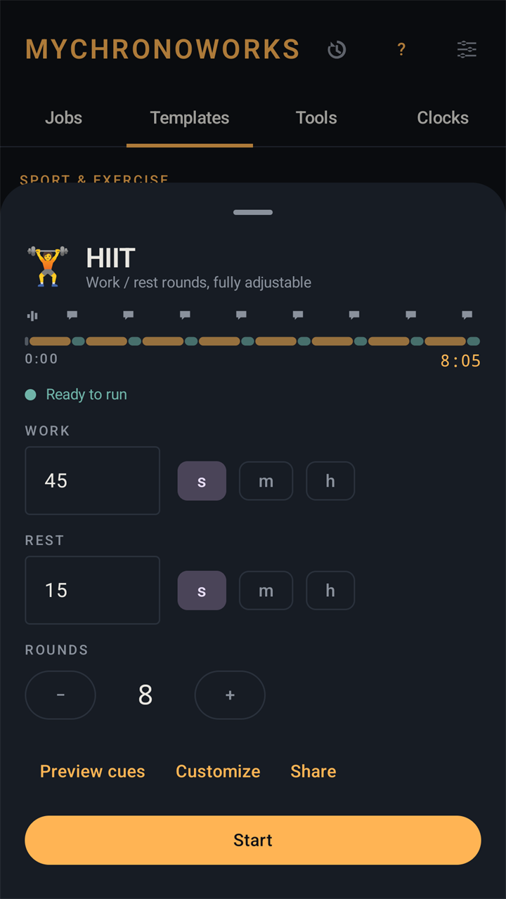 The HIIT template about to start: a timeline of eight work and rest rounds with cue marks, the fields Work 45 seconds, Rest 15 seconds and Rounds 8, and the buttons Preview cues, Customize, Share and Start.
