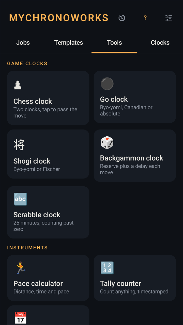 The Tools tab: cards for the Chess, Go, Shogi, Backgammon and Scrabble clocks, and the instruments Pace calculator and Tally counter.