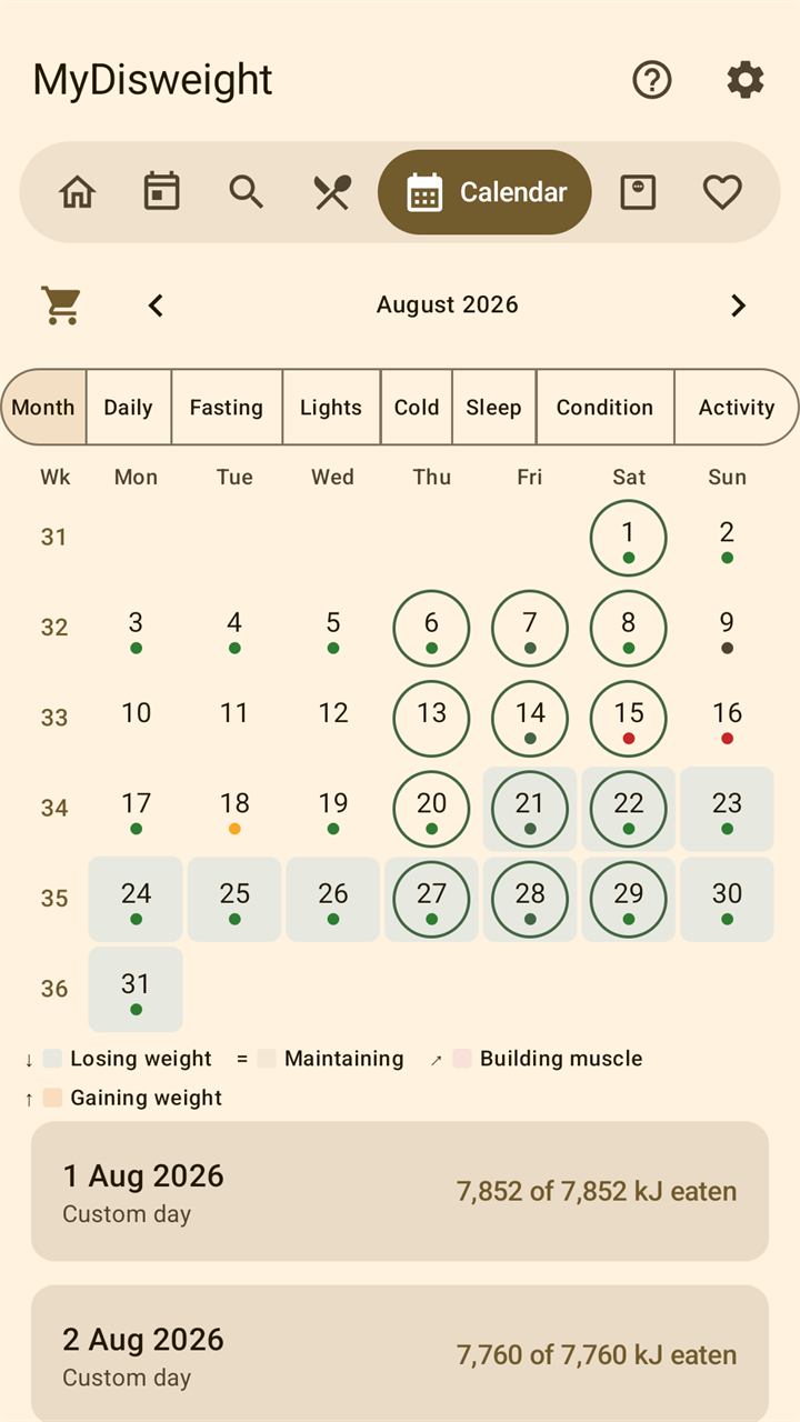 The Calendar tab in its Month view: a row of eight views to choose from, the days of August 2026 marked with coloured dots and rings, and below them the first days with the energy eaten.