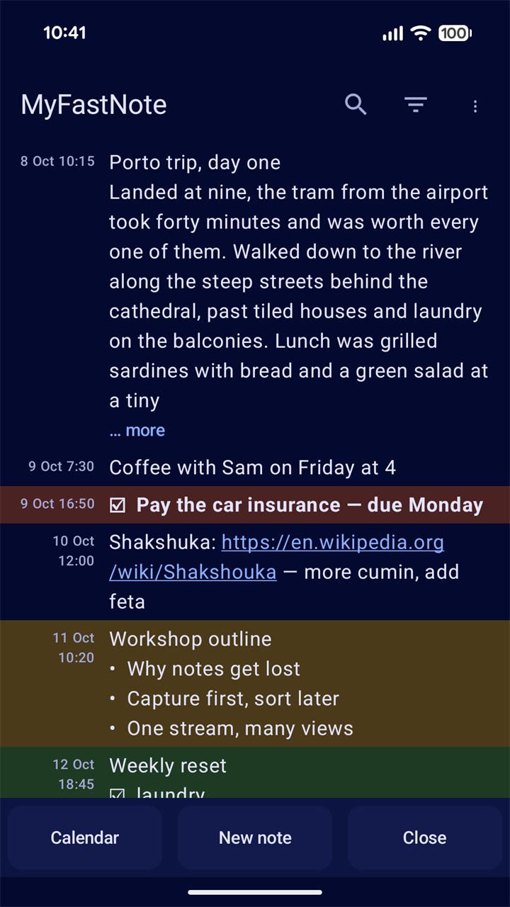 The stream in the dark theme: a long travel note folded to a preview with … more under it, a ticked note in bold on red, a recipe link, a workshop outline in amber and a weekly checklist in green.