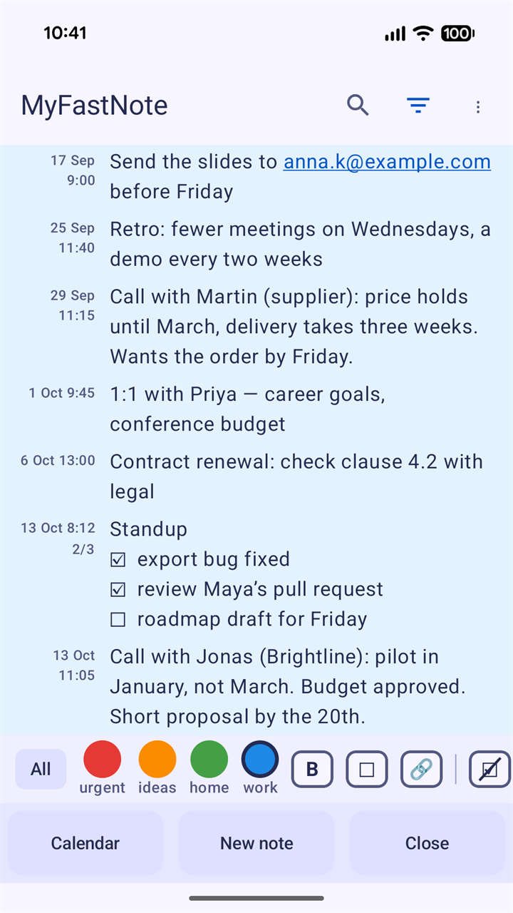 The stream filtered to the blue work notes: an email to send, a retro, two calls, a one-to-one, a contract to check and a standup checklist at 2/3, above the filter row with All, the four named colours, bold, open to-dos, links and Hide done.