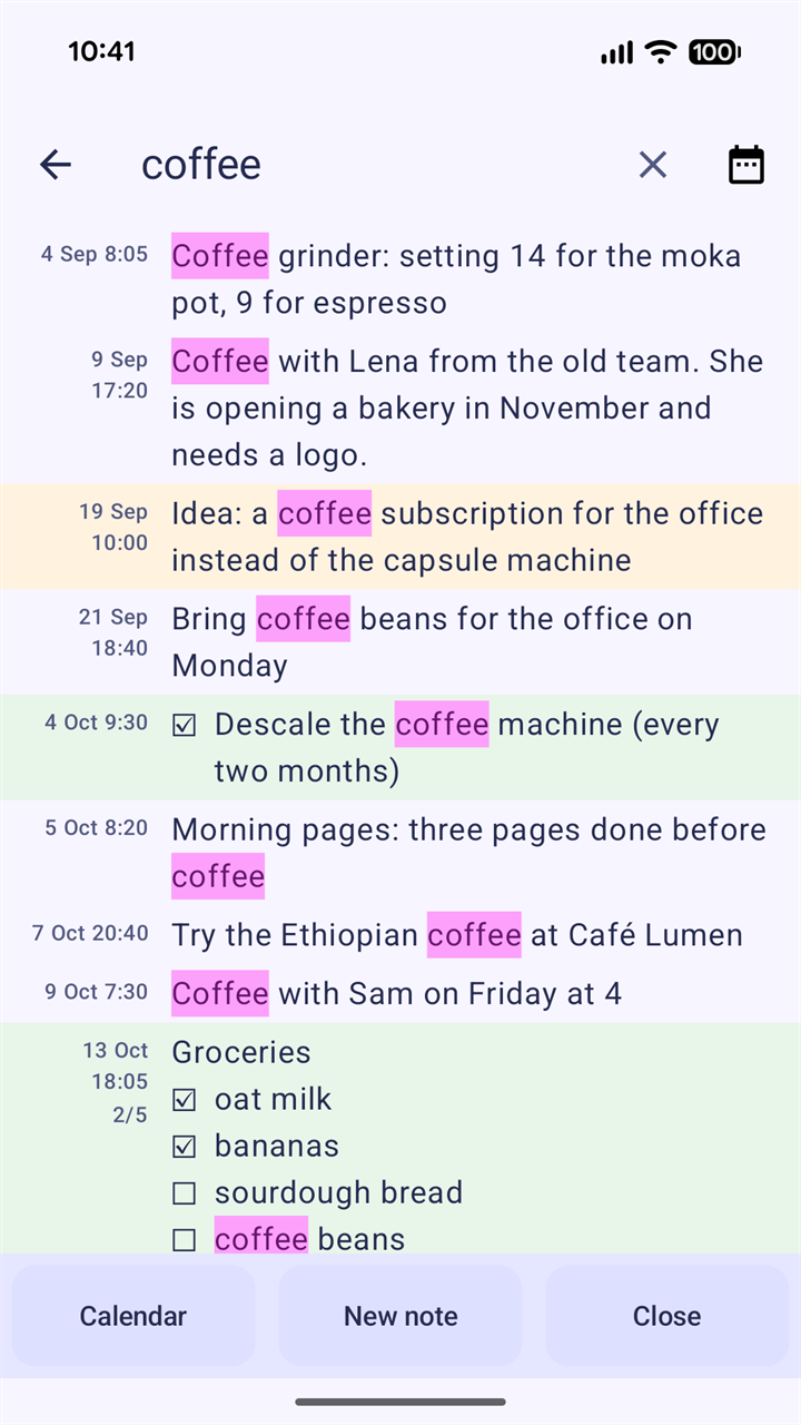 A search for coffee: nine notes from September and October with the word highlighted wherever it appears, among them a grocery list.