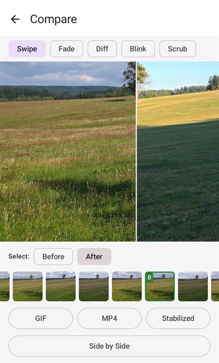 The Compare screen in Swipe mode: a field with a lone tree in July on the left of the divider and the same view in late September on the right, a row of frames to pick Before and After from, and buttons for GIF, MP4, Stabilized and Side by Side.