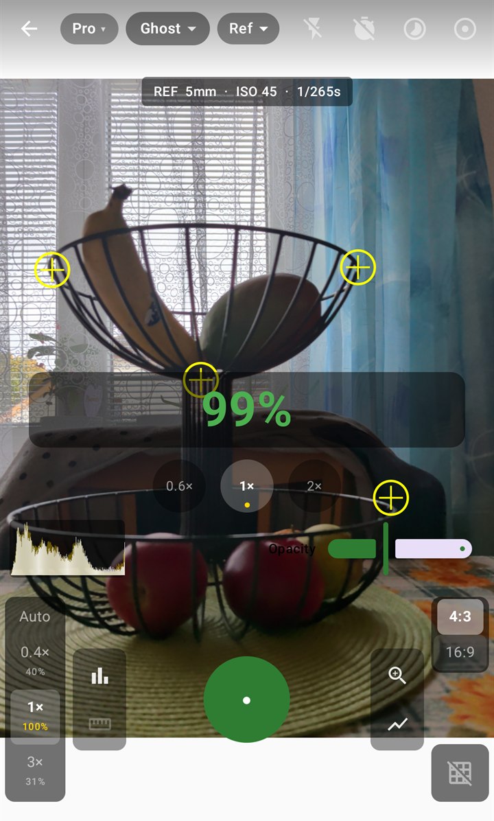 The camera in Pro mode: the reference's lens and exposure at the top, a 99 % score, zoom buttons 0.6×, 1× and 2×, a histogram, a lens picker, the opacity slider, and buttons for 4:3 and 16:9.