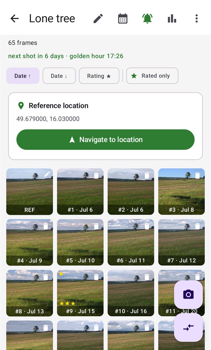 A project called Lone tree with 65 frames: the next shot is due in 6 days at golden hour 17:26, buttons to sort by date or rating, the reference location with a Navigate button, and a grid of dated frames, one with three stars.