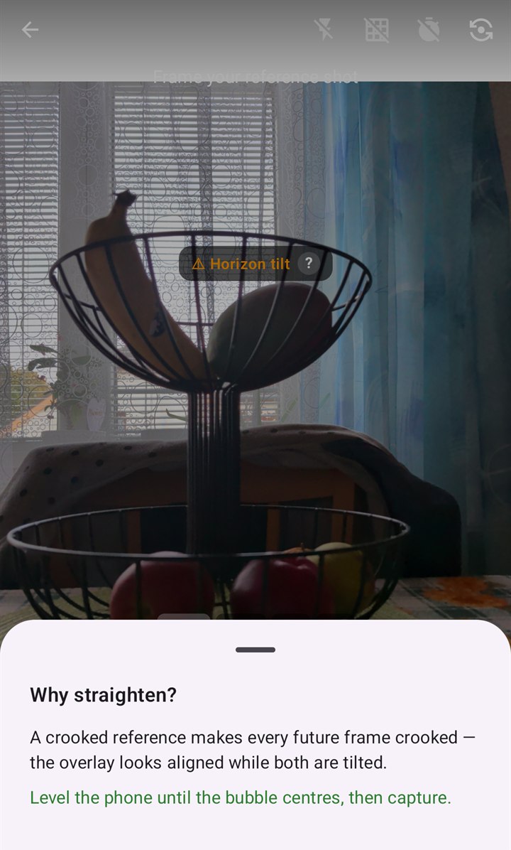 Taking a reference photo: a Horizon tilt warning over the camera picture, and a sheet below that explains why to straighten and says to level the phone until the bubble centres.